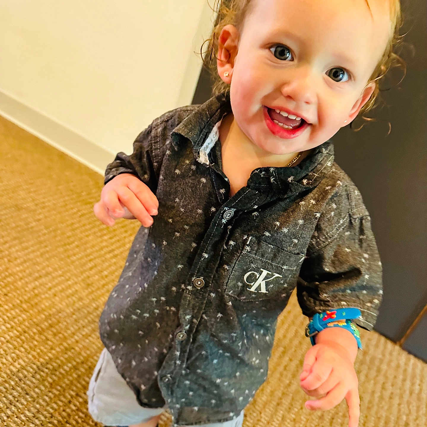 Grayson is registered to the contest to win money with this photo: baby, bodypart, clothing, coat, face, finger, footwear, hand, happy, head, jacket, jeans, longsleeve, pants, person, photography, portrait, shoe, sleeve, smile