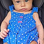 baby, child, blue_eyes, blue_clothing, polka_dot, infant, cute, portrait, sitting, car_seat, clothing, face, expression, hair, skin, person, indoors, closeup, hand, legs