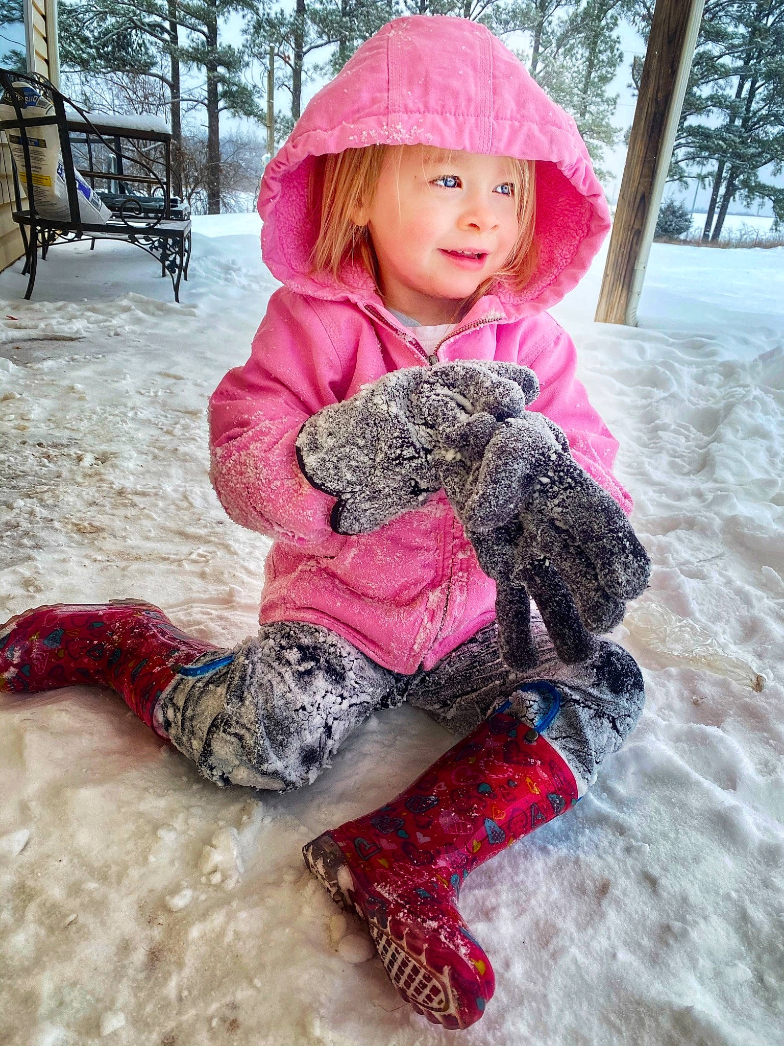 Addie is registered to the contest to win money with this photo: baby_toddler_clothing, beauty, doll, fawn, freezing, fun, fur, glove, headgear, headwear, joy, magenta, outerwear, pattern, person, pink, shoe, sleeve, snow, textile