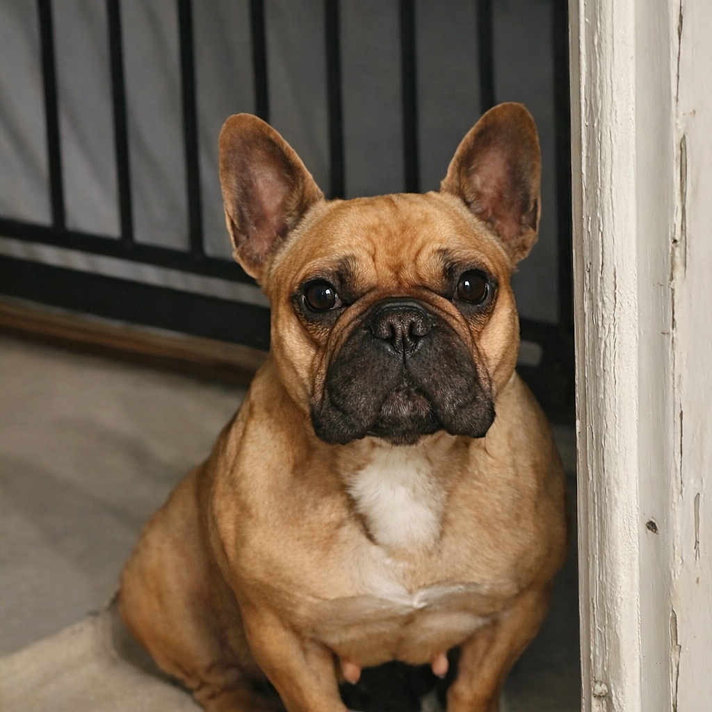Bougna participe au concours pour gagner de l'argent avec cette photo : french_bulldog, dog, pet, indoor, sitting, brown_dog, short_hair, ears_up, looking_at_camera, animal, canine, companion, guard_dog, door_frame, metal_gate, floor, portrait, cute, alert, domestic