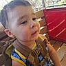 Courtlan is registered to the contest to win money with this photo: toddler, child, backpack, blue_clothing, yellow_trim, wooden_bench, red_panel, outdoor, sunlight, trees, curious, sitting, daylight, young_child, face, person, casual, summer, nature, seat