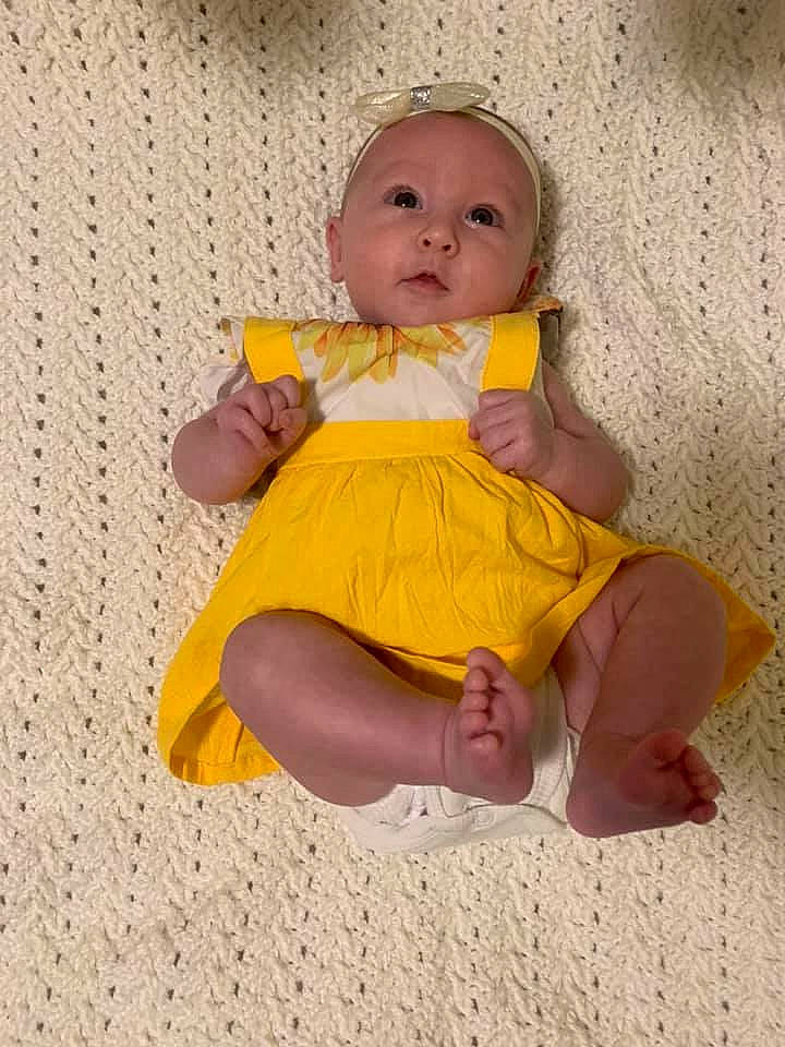 Maisie joined the competition — help win amazing prizes! baby, baby_toddler_clothing, barefoot, cheek, child, dress, finger, flooring, foot, hand, happy, human_leg, iris, leg, person, pink, sitting, skin, thigh, thumb