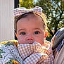 Lilah joined the competition — help win amazing prizes! baby, infant, child, face, eyes, headband, bow, clothing, blanket, crochet, portrait, closeup, outdoor, sunlight, person, cute, young, skin, smile, head