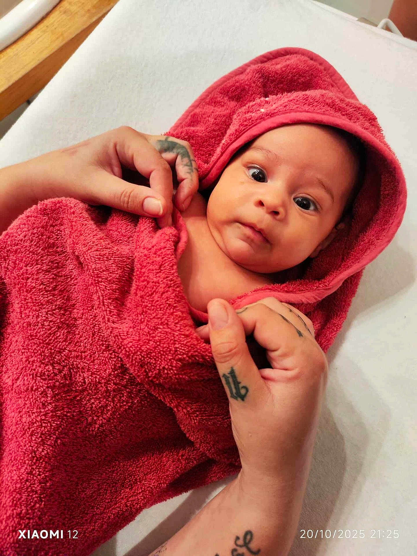 Swannie a rejoint le concours — aidez-le/la à gagner de superbes lots ! baby, blanket, care, child, closeup, cute, expression, face, hands, indoor, infant, newborn, person, portrait, red_towel, skin, soft_texture, tattoo, towel, warm