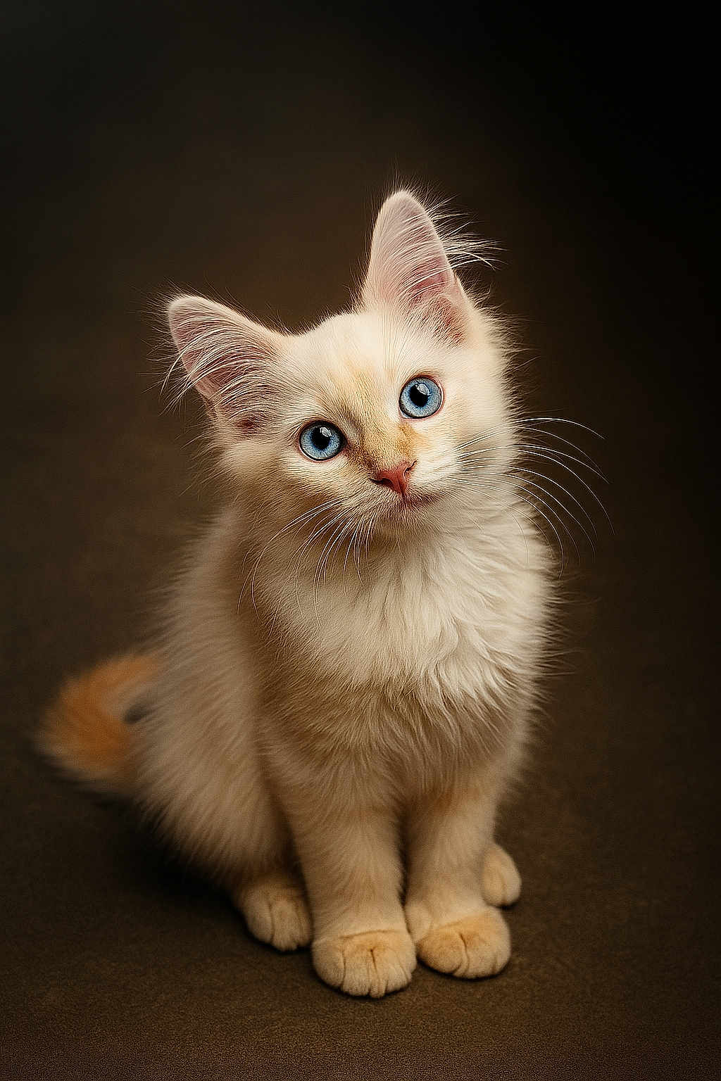 Duffy a rejoint le concours — aidez-le/la à gagner de superbes lots ! kitten, cat, blue_eyes, fluffy, cream_colored, pet, animal, cute, young_cat, sitting, whiskers, feline, portrait, curious, innocent, fur, indoor, close_up, adorable, soft_lighting
