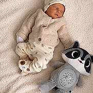 Sacha participe au concours pour gagner de l'argent avec cette photo : newborn, baby, sleeping, plush_toy, raccoon, blanket, soft_texture, cozy_clothing, knit_sweater, hat, footed_pants, baby_booties, indoor, cute, peaceful, child, infant, resting, stuffed_animal, comfort