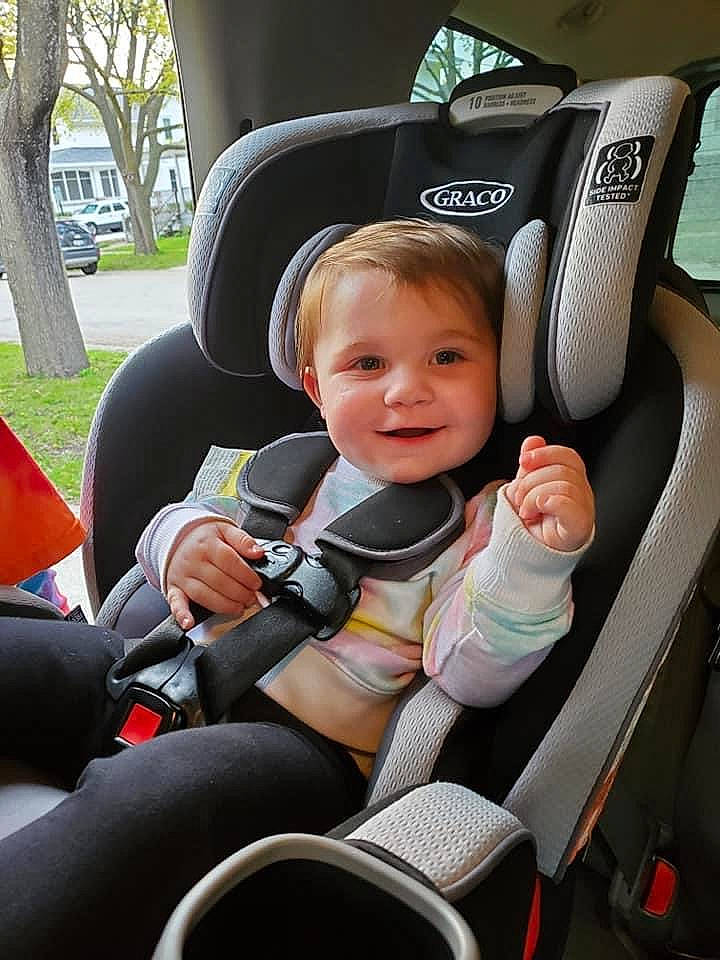 Audree joined the competition — help win amazing prizes! automotive_design, automotive_exterior, baby_carriage, baby_in_car_seat, car, car_seat, car_seat_cover, comfort, head_restraint, joy, mode_of_transport, motor_vehicle, person, plant, product, seat_belt, smile, steering_part, steering_wheel, toddler