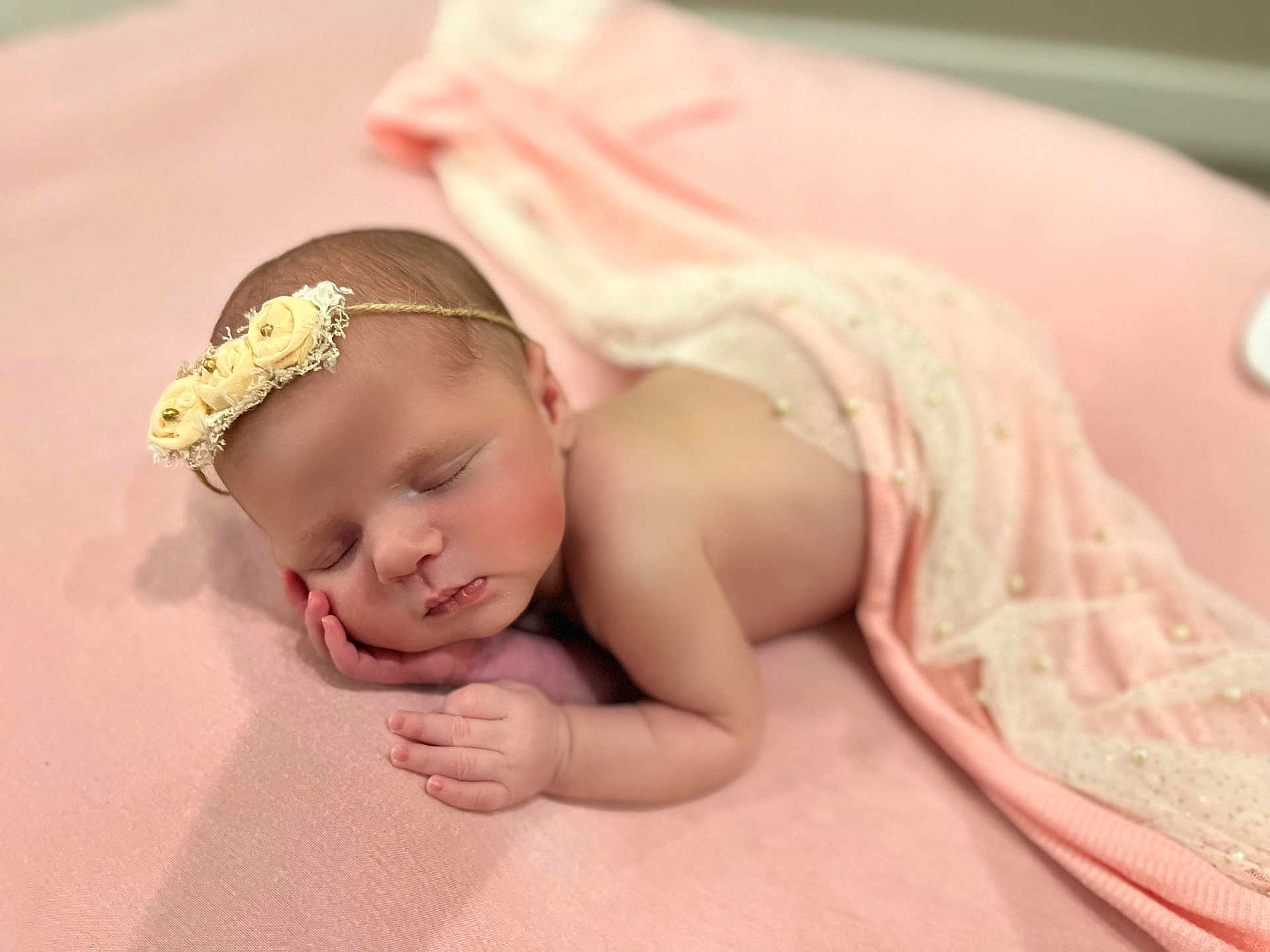 Alaia joined the competition — help win amazing prizes! baby, blanket, closeup, cute, face, flower, hand, headband, indoors, infant, newborn, peaceful, pink_blanket, portrait, resting, skin, sleep, sleeping, soft, toddler