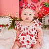 baby, child, infant, strawberry, headband, bow, dress, sitting, blue_eyes, pink_background, fairy_lights, decorative, cute, fluffy_rug, portrait, indoor, adorable, young_child, colorful, holiday_theme