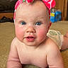 Lakelin is registered to the contest to win money with this photo: baby, child, blue_eyes, headband, bow, carpet, indoor, crumpled_paper, curious, pink, skin, happy, infant, cheeks, hand, face, person, toddler, home, crawling