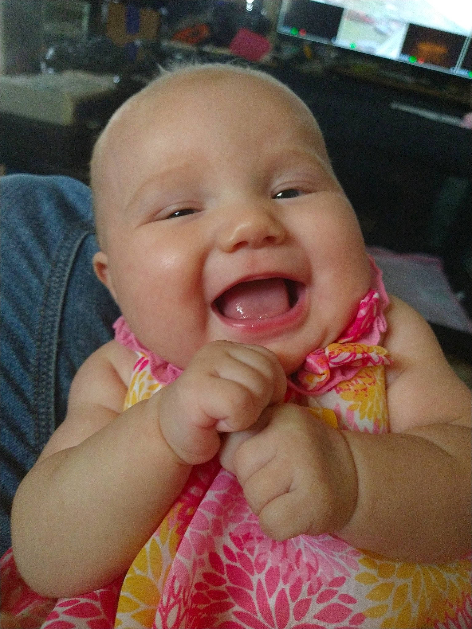 Carley is registered to the contest to win money with this photo: baby, baby_making_funny_faces, beauty, cheek, child, chin, face, facial_expression, finger, fun, hand, head, lip, mouth, nose, person, pink, skin, smile, toddler
