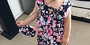 Lyzyanna participe au concours pour gagner de l'argent avec cette photo : child, toddler, smiling, dress, floral_pattern, barefoot, kitchen, appliance, oven, floor, person, happy, blonde_hair, jewelry, earrings, purse, playful, indoor, home, motion_blur