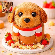 Aïoli participe au concours pour gagner de l'argent avec cette photo : background_blur, brown, cake, cake_decor, close_up, cute, dessert, dog_cake, dog_inset, edible_decorations, food_art, orange, puppy, realistic, red, sprinkles, strawberries, sweet, tabletop, white