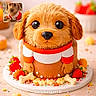 background_blur, brown, cake, cake_decor, close_up, cute, dessert, dog_cake, dog_inset, edible_decorations, food_art, orange, puppy, realistic, red, sprinkles, strawberries, sweet, tabletop, white