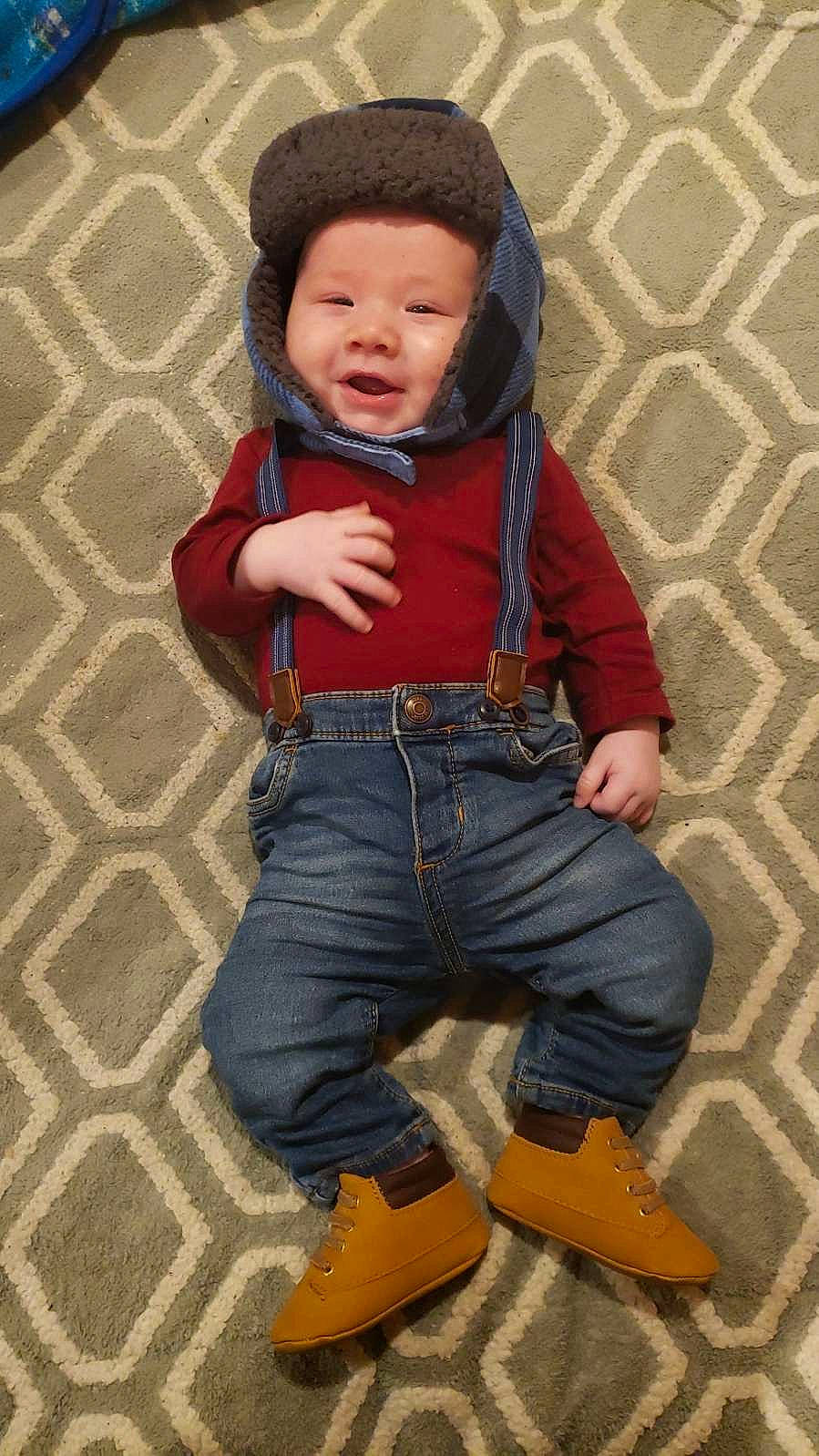 Steven is registered to the contest to win money with this photo: baby, baby_products, baby_toddler_clothing, beanie, belt, bonnet, button, cheek, child_model, cool, denim, headwear, jacket, jeans, knit_cap, overall, pattern, person, pocket, textile
