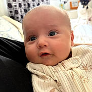 Ezra joined the competition — help win amazing prizes! baby, infant, child, face, portrait, close_up, wide_eyes, curious, cozy, onesie, clothing, bedroom, bed, blanket, cat, pet, indoor, home, soft_lighting, smiling