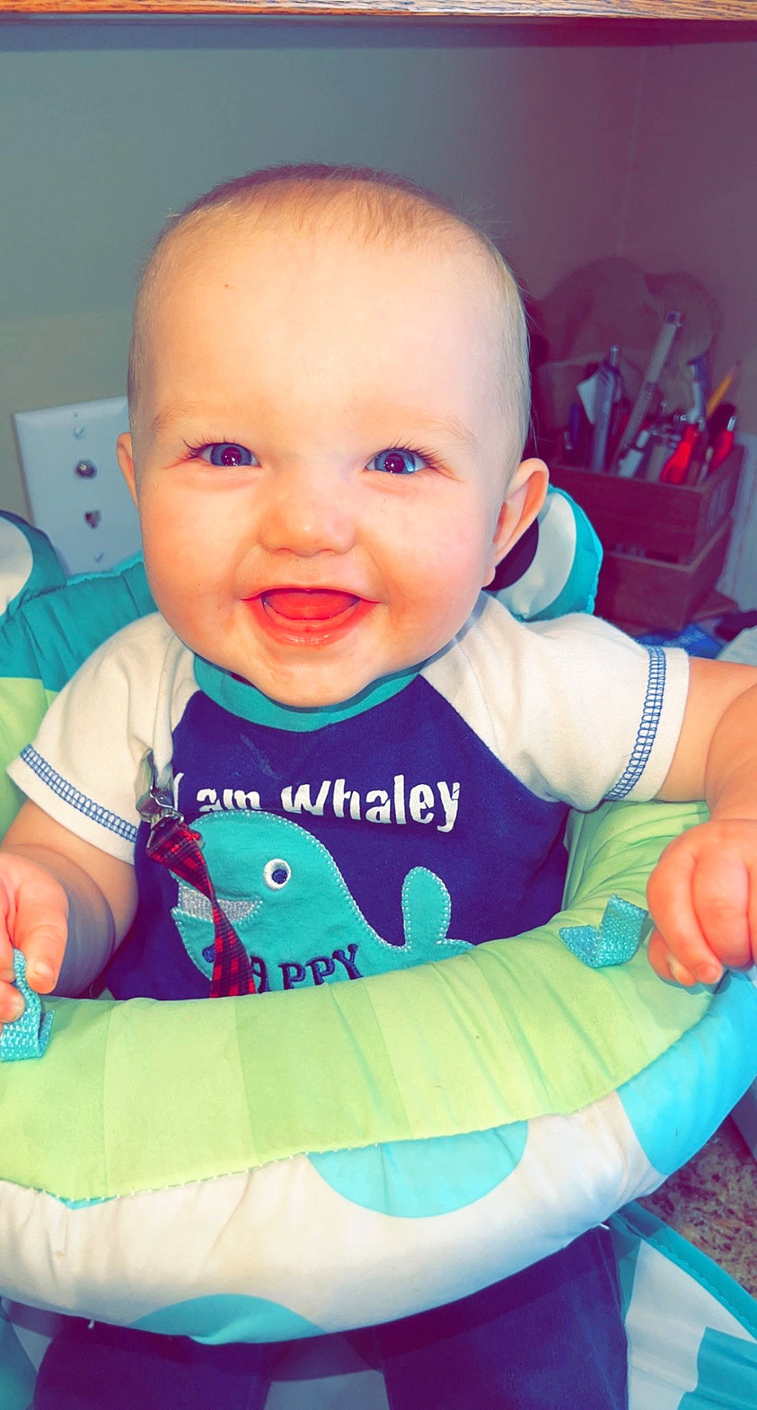 Lennox is registered to the contest to win money with this photo: baby, baby_products, baby_safety, baby_toddler_clothing, cheek, child, electric_blue, eye, facial_expression, fun, happy, iris, joy, mouth, nose, person, product, skin, sleeve, smile