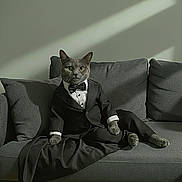 Boogulou is registered to the contest to win money with this photo: cat, tuxedo, formal_clothing, sofa, couch, grey, indoor, pet, animal, feline, sitting, portrait, cute, elegant, fashion, living_room, furniture, domestic_animal, posing, serious
