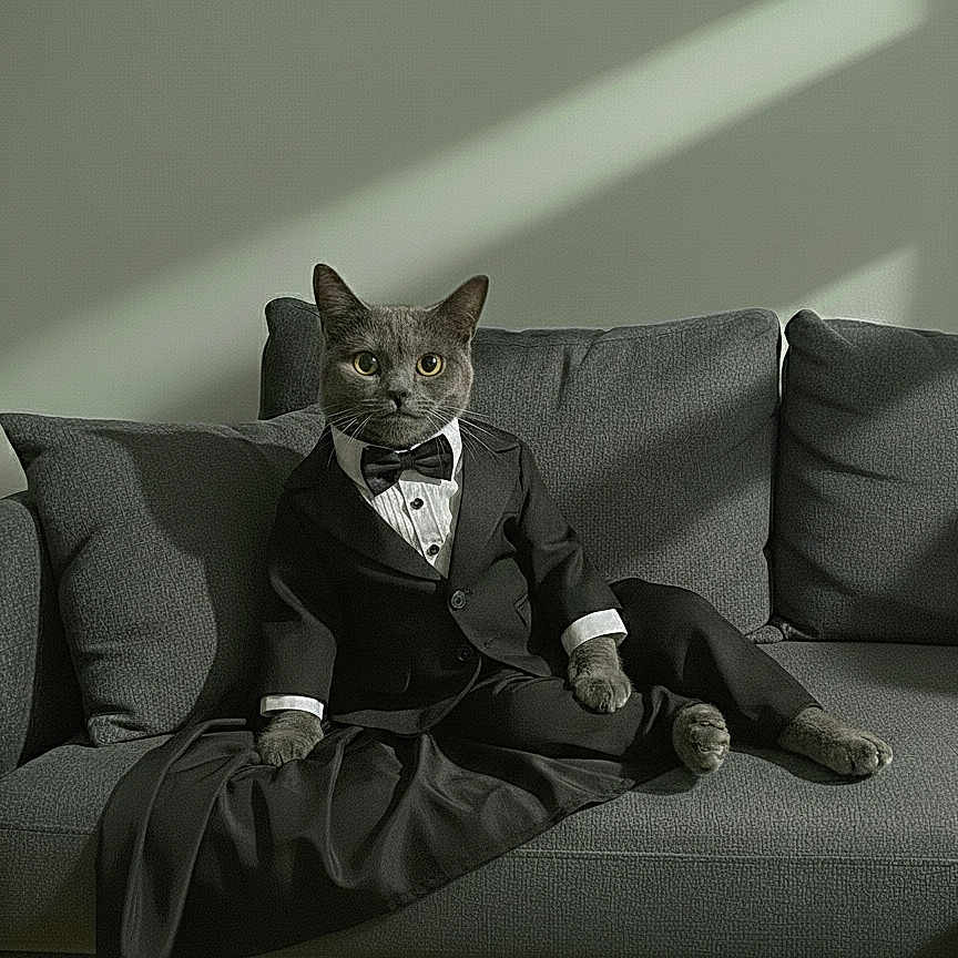 Boogulou is registered to the contest to win money with this photo: cat, tuxedo, formal_clothing, sofa, couch, grey, indoor, pet, animal, feline, sitting, portrait, cute, elegant, fashion, living_room, furniture, domestic_animal, posing, serious
