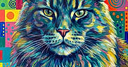 Potter participe au concours pour gagner de l'argent avec cette photo : abstract, animal_art, artwork, cat, colorful, dots, ears, eyes, face, fur, geometric_background, nose, painting, portrait, psychedelic, signature, spirals, tribal_patterns, vibrant_colors, whiskers
