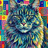 Potter participe au concours pour gagner de l'argent avec cette photo : painting, cat, colorful, artwork, portrait, geometric_background, spirals, dots, tribal_patterns, fur, face, whiskers, ears, eyes, nose, signature, vibrant_colors, psychedelic, abstract, animal_art