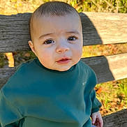 Alessio participe au concours pour gagner de l'argent avec cette photo : baby, child, infant, bench, outdoor, green_sweatshirt, gray_pants, wood, nature, leaf, autumn, portrait, cute, face, eyes, person, sitting, daylight, young, casual_clothing