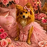 dog, pomeranian, pink_dress, bow, roses, flowers, pink_theme, fluffy, cute, pet, indoor, decorations, gift_box, mirror, soft_texture, bedroom, pink_pillow, princess, sparkle, portrait