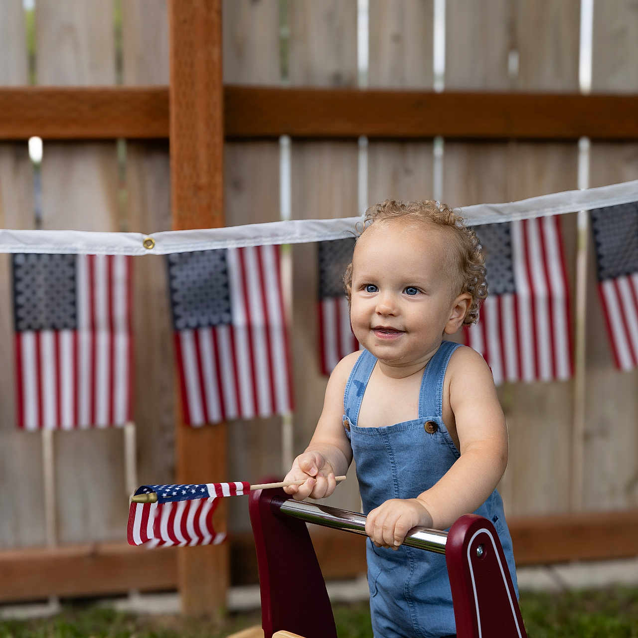 Hayes joined the competition — help win amazing prizes! americanflag, baby, backyard, bodypart, clothing, face, fence, finger, flag, hand, handrail, head, nature, outdoors, pants, person, photography, portrait, wood, yard