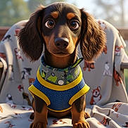 Peanut is registered to the contest to win money with this photo: dog, dachshund, puppy, pet, clothing, jacket, blanket, pattern, cute, animal, fur, ears, sitting, portrait, indoors, cozy, brown, black, yellow, blue