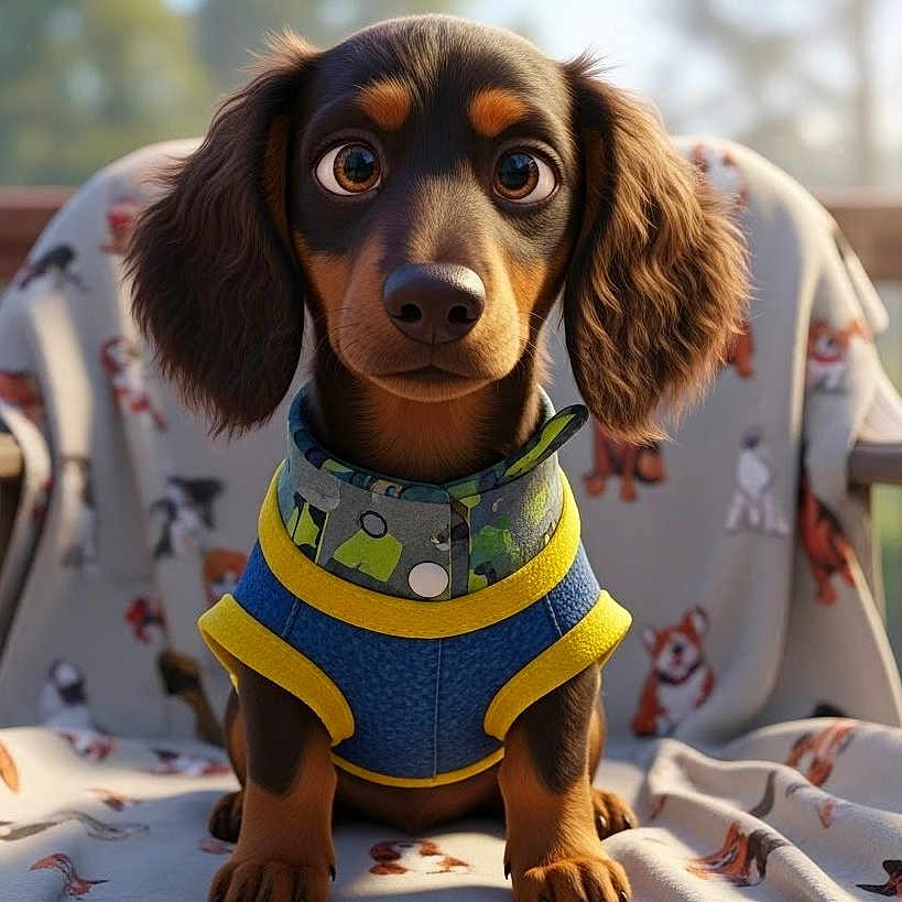 Peanut is registered to the contest to win money with this photo: animal, black, blanket, blue, brown, clothing, cozy, cute, dachshund, dog, ears, fur, indoors, jacket, pattern, pet, portrait, puppy, sitting, yellow