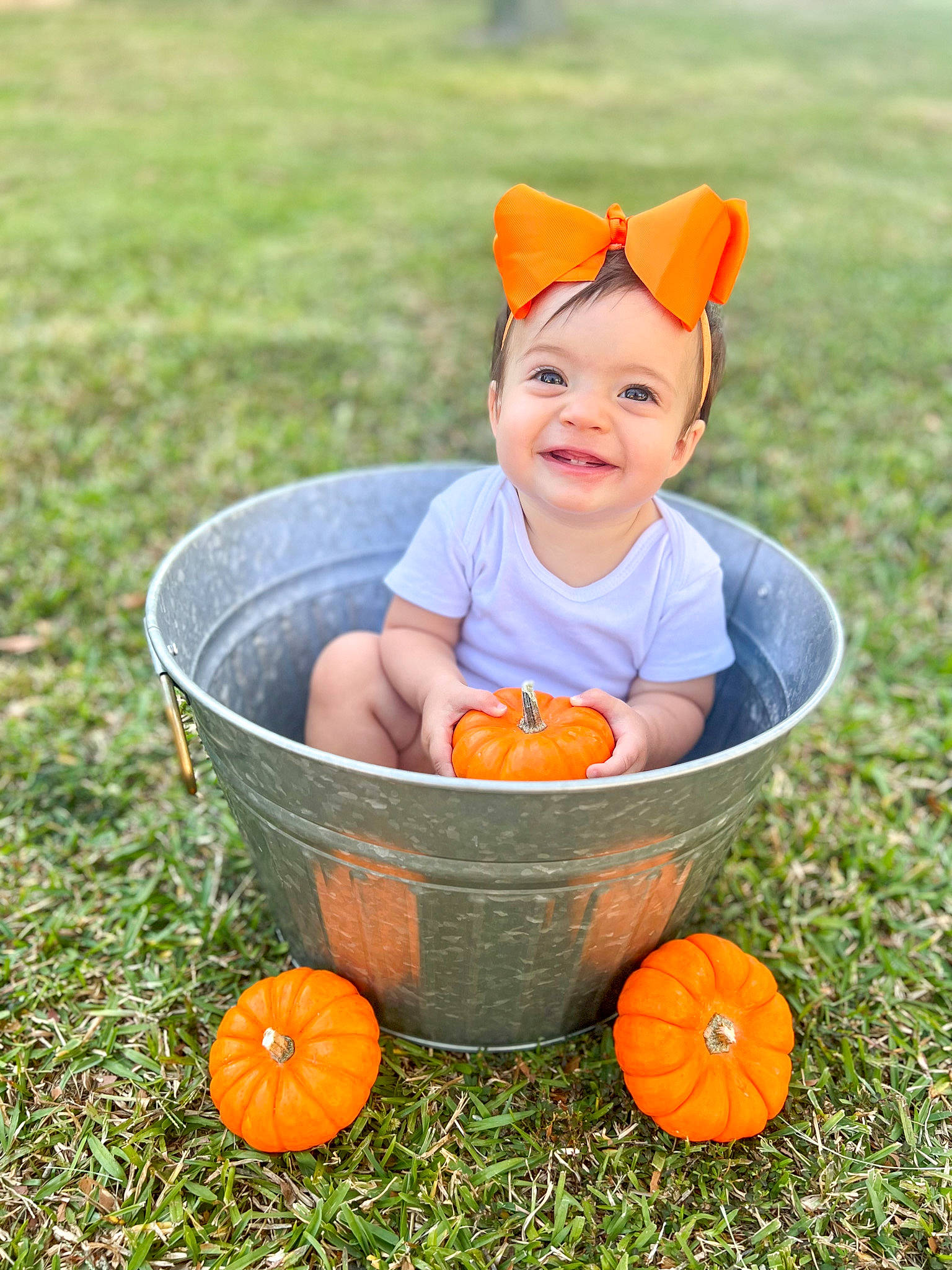 Mackenzie joined the competition — help win amazing prizes! baby, baby_toddler_clothing, clothing, cucurbita, eye, facial_expression, fruit, grass, happy, head, headwear, human_body, joy, leisure, natural_foods, orange, people_in_nature, person, plant, pumpkin