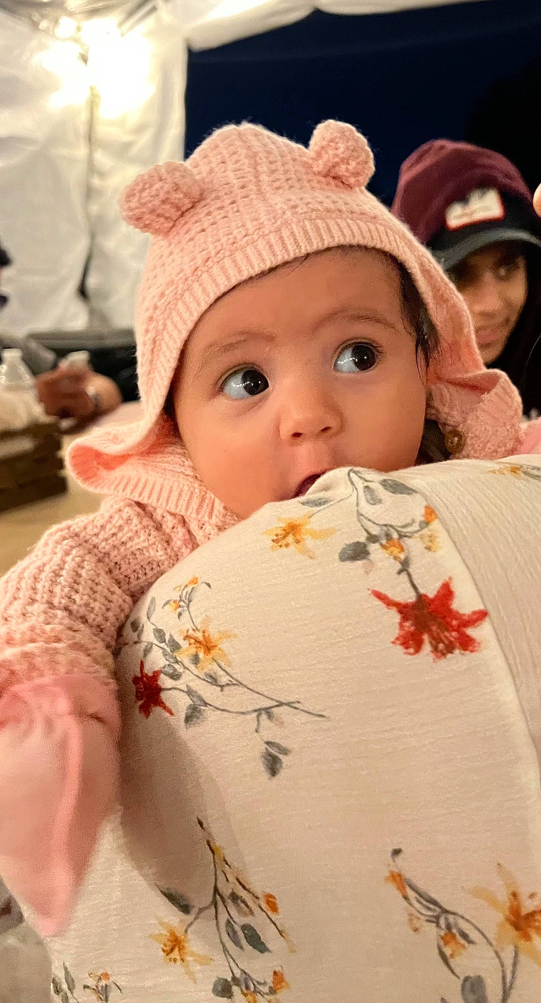 Avayah joined the competition — help win amazing prizes! baby, cap, cheek, child, chin, comfort, fashion_accessory, fun, happy, hat, headgear, headwear, linens, lip, pattern, person, pink, skin, sleeve, textile