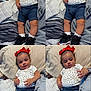 baby, child, red_bow, white_shirt, star_pattern, blue_shorts, black_sneakers, white_socks, bed, pillow, blanket, smiling, cute, indoors, portrait, relaxed, happy, comb, infant, four_panel