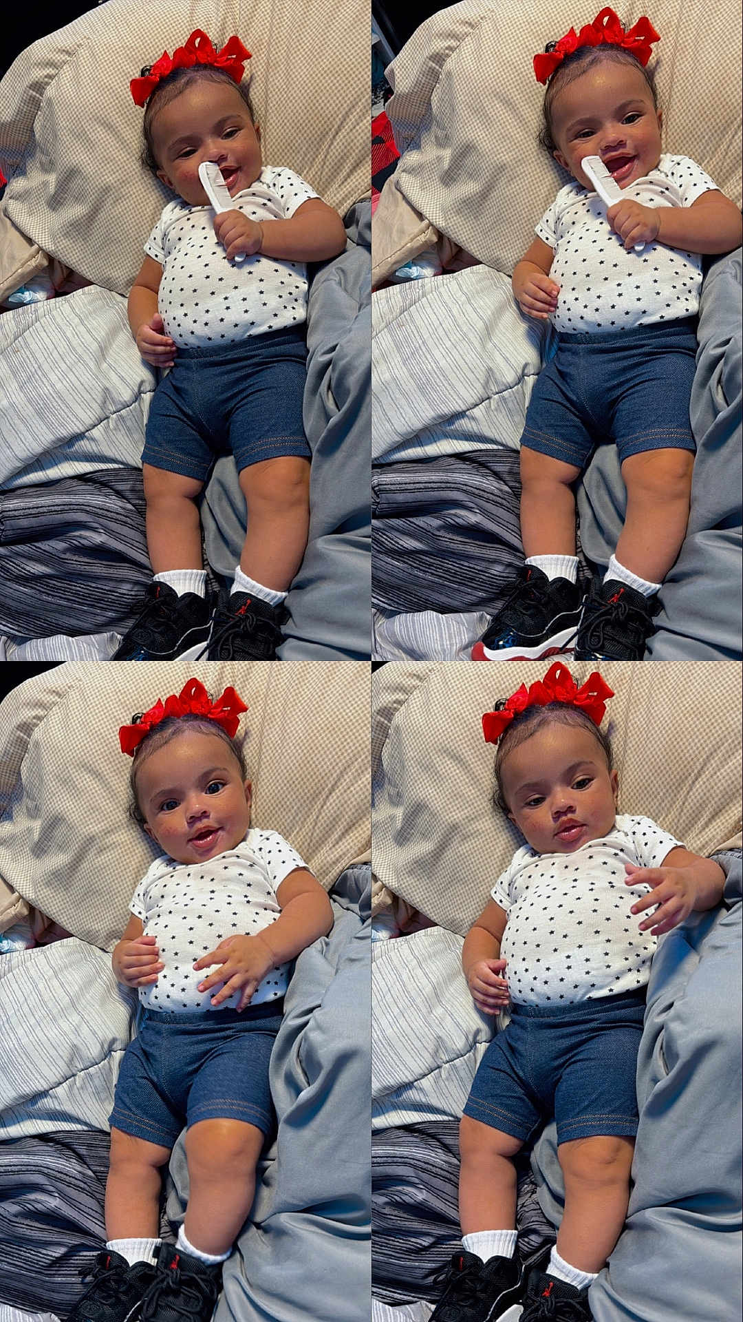 Lailanii is registered to the contest to win money with this photo: baby, child, red_bow, white_shirt, star_pattern, blue_shorts, black_sneakers, white_socks, bed, pillow, blanket, smiling, cute, indoors, portrait, relaxed, happy, comb, infant, four_panel