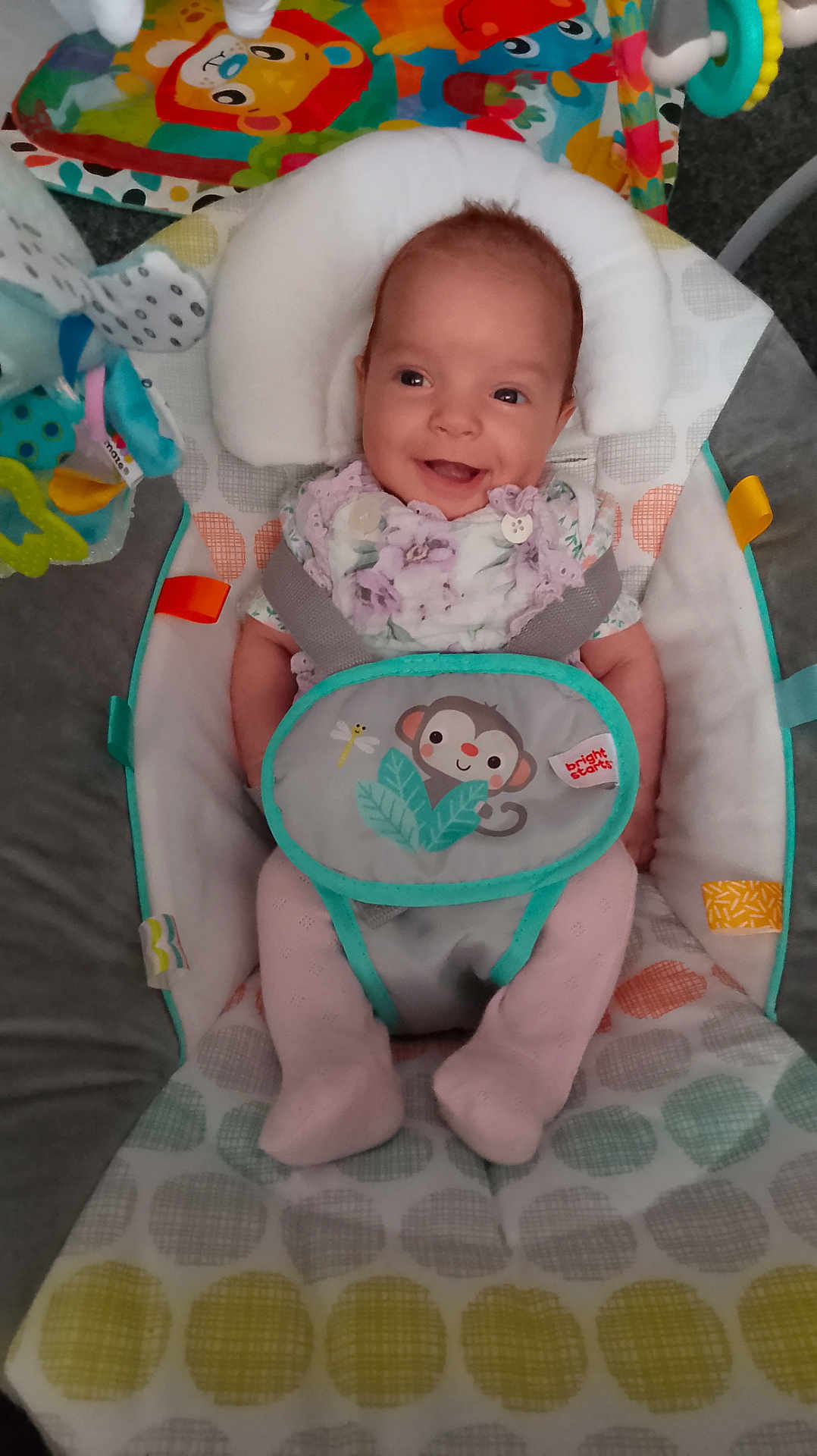 Lainey is registered to the contest to win money with this photo: baby, smiling, infant, child, bouncer, baby_seat, colorful, toy, animal_print, clothing, pastel_colors, happy, cute, indoor, fabric, seat, head_support, playtime, comfort, young_child