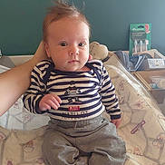 Austin participe au concours pour gagner de l'argent avec cette photo : baby, baby_clothes, baby_supplies, baby_toys, bed, blanket, child, cozy, curious_expression, cute, hand_support, infant, nursery, portrait, room_interior, sailor_outfit, sitting, soft_lighting, striped_clothing, young_child