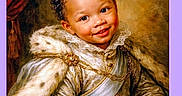 Amri joined the competition — help win amazing prizes! child, toddler, portrait, smiling, curly_hair, royal_clothing, ornate_costume, fur_trim, lace_collar, sash, jewelry, sitting, indoor, vintage_style, digital_art, painting_style, dramatic_lighting, curtain, formal_pose, face