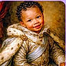 child, toddler, portrait, smiling, curly_hair, royal_clothing, ornate_costume, fur_trim, lace_collar, sash, jewelry, sitting, indoor, vintage_style, digital_art, painting_style, dramatic_lighting, curtain, formal_pose, face