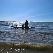 Aïka a rejoint le concours — aidez-le/la à gagner de superbes lots ! blue_sky, calm, dog, floating, horizon, leisure, nature, ocean, outdoor, paddleboard, person, recreation, reflection, sea, sky, summer, sunlight, vacation, water, waves