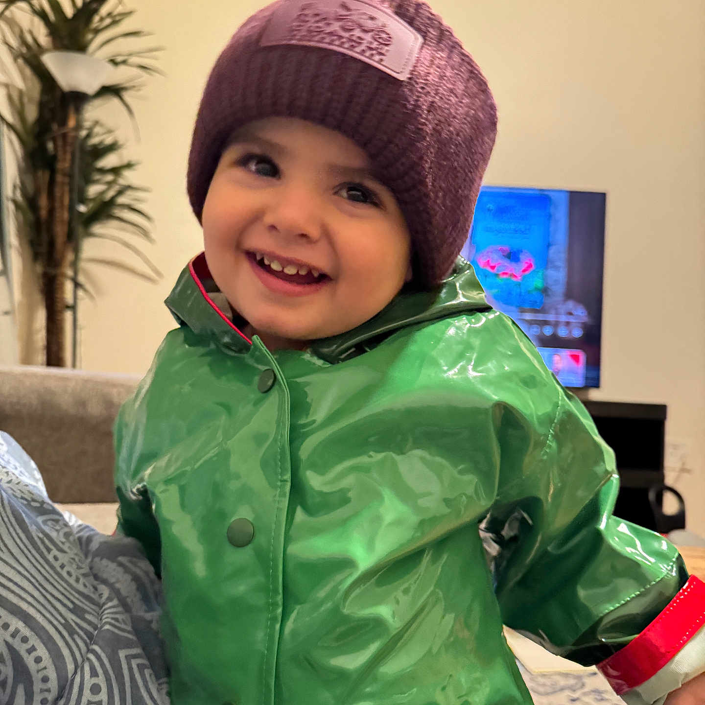 Nader joined the competition — help win amazing prizes! casual, child, clothing, coat, cute, face, green_raincoat, happy, headwear, indoor, joyful, kid, living_room, person, portrait, purple_beanie, smiling, television, toddler, warm_clothing