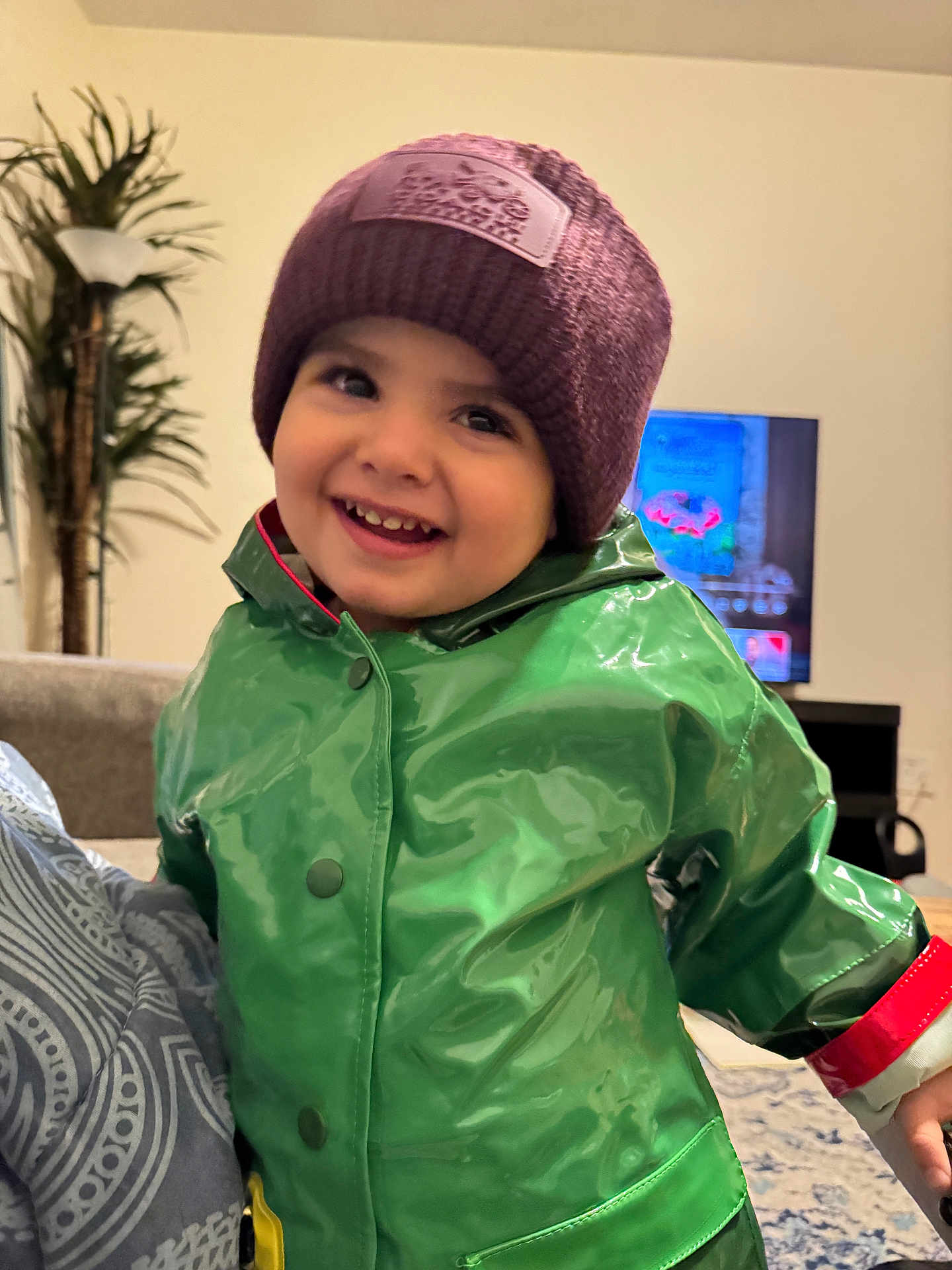 Nader joined the competition — help win amazing prizes! child, toddler, smiling, green_raincoat, purple_beanie, indoor, living_room, television, happy, person, coat, clothing, headwear, cute, portrait, warm_clothing, joyful, face, kid, casual