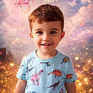 Carl participe au concours pour gagner de l'argent avec cette photo : child, boy, smiling, dinosaur_shirt, fantasy_background, butterflies, rainbow, sparkles, portrait, happy, cute, young, inspirational_text, colorful, short_hair, casual_clothing, magic, dream, whimsical, bright