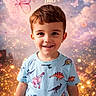 child, boy, smiling, dinosaur_shirt, fantasy_background, butterflies, rainbow, sparkles, portrait, happy, cute, young, inspirational_text, colorful, short_hair, casual_clothing, magic, dream, whimsical, bright