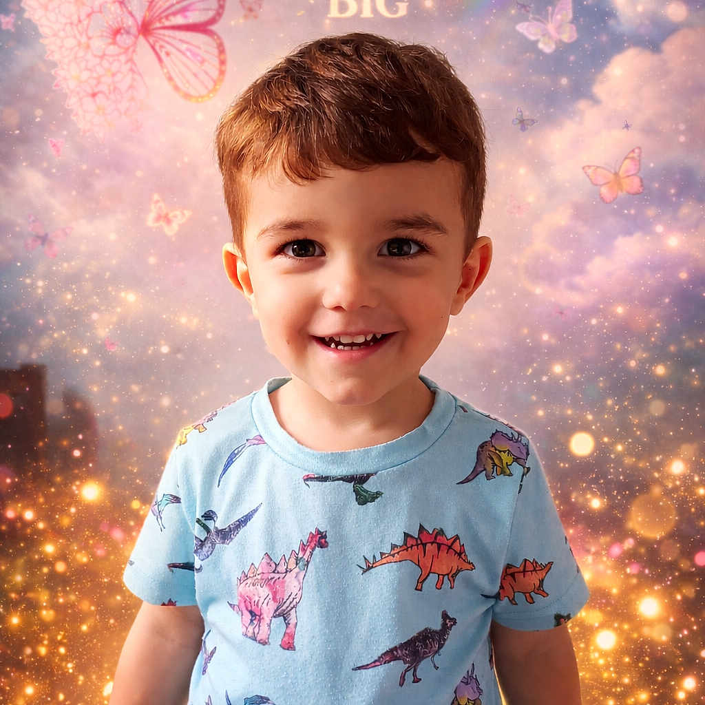 Carl participe au concours pour gagner de l'argent avec cette photo : child, boy, smiling, dinosaur_shirt, fantasy_background, butterflies, rainbow, sparkles, portrait, happy, cute, young, inspirational_text, colorful, short_hair, casual_clothing, magic, dream, whimsical, bright