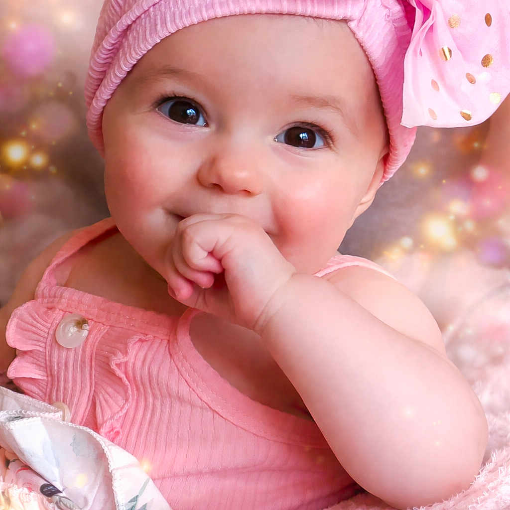 Octavia a rejoint le concours — aidez-le/la à gagner de superbes lots ! baby, infant, pink_clothing, headband, bow, smile, face, hand, cute, portrait, closeup, eyes, cheeks, soft_texture, blanket, bokeh, glow, happy, child, indoors