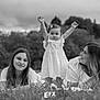 child, toddler, woman, smile, grass, outdoor, nature, black_and_white, portrait, happy, dress, people, family, relaxing, field, sky, casual_clothing, young_adult, female, hair