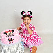 Lamita joined the competition — help win amazing prizes! child, toddler, birthday_cake, pink_dress, minnie_mouse, polka_dots, headband, cake, white_background, wicker_stool, celebration, happy, smiling, sitting, party, shoes, cute, indoor, young_child, food