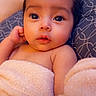 London-Dior joined the competition — help win amazing prizes! baby, infant, child, portrait, close_up, wide_eyes, lying_down, blanket, pillow, bed, cozy, indoors, face, head, skin, dark_hair, heart_filter, soft_lighting, cute, photography