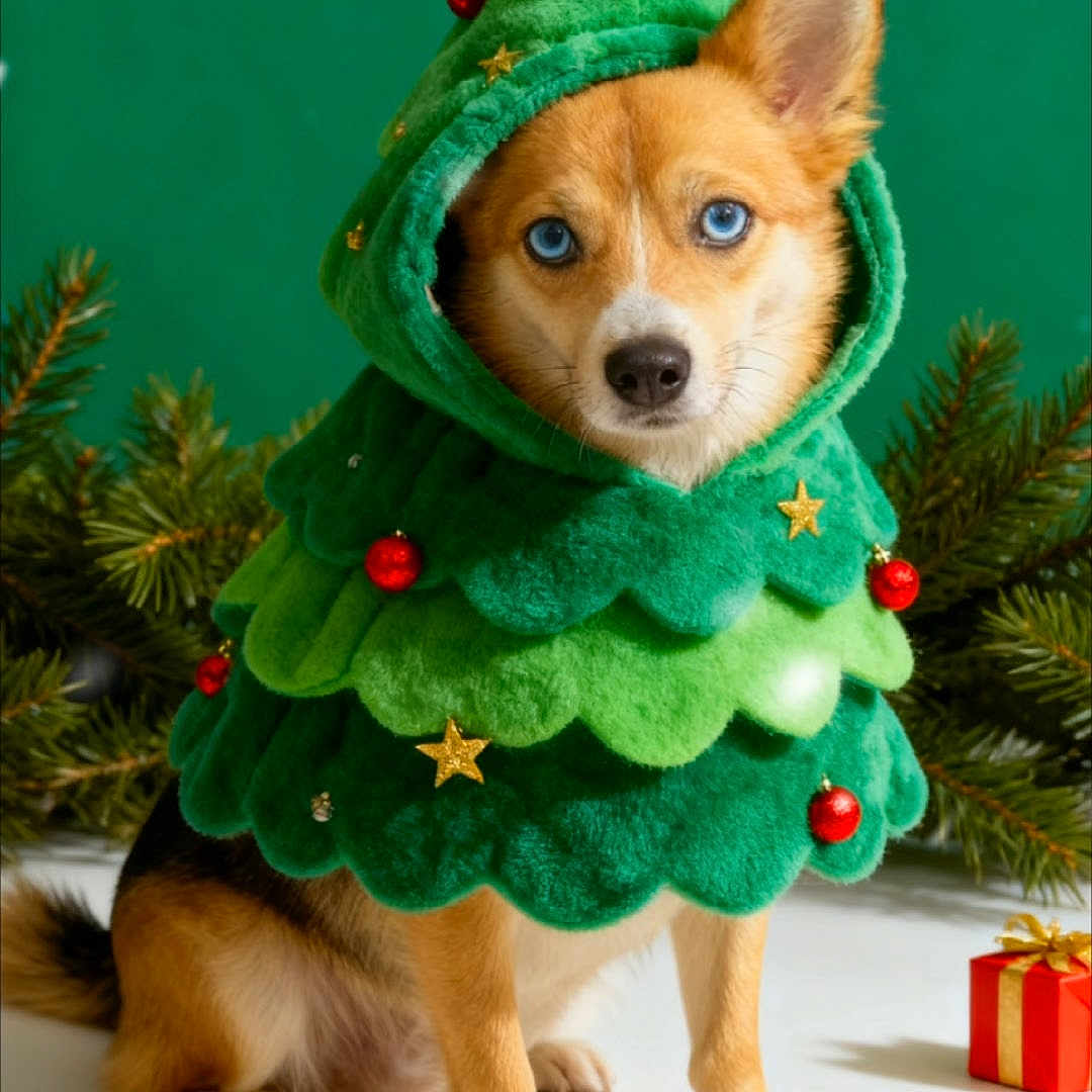Annabelle joined the competition — help win amazing prizes! animal, blue_eyes, celebration, christmas_tree, costume, cute, decorations, dog, festive, gifts, green, holiday, indoor, ornaments, pet, pine_branches, portrait, present, seasonal, star
