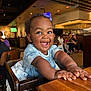 child, baby, toddler, high_chair, wooden_table, smile, joyful, restaurant, dining, people, face, eyes, hands, clothing, interior, ceiling_pipes, tv_screen, background, chair, infant